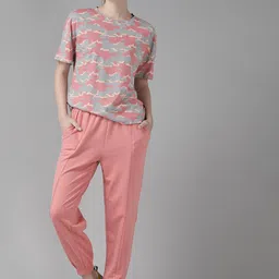Roadster Women Pink & Grey Camouflage Printed T-shirt with Joggers-picture-3