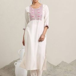 Libas Off white Floral Embroidered Round Neck Sequinned Straight Kurta-picture-33