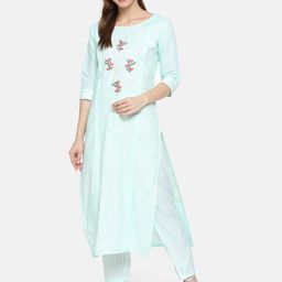Kvsfab Women Sea Green & White Yoke Design Kurta with Trousers-picture-17