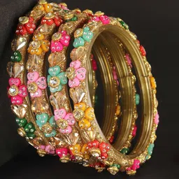ZULKA Set Of 4 Zircon Gemstones & Kundan Beads-Studded Flower Bangles-3
