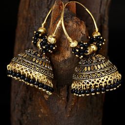 ANIKAS CREATION Black & Gold-Plated Enamelled Dome Shaped Jhumkas image 1