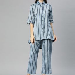 Cottinfab Women Striped Cotton Shirt with Trousers-picture-45