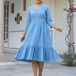 Janasya Women Self Design V-Neck Gathered or Pleated Cotton Casual Fit and Flare Dress-picture-44