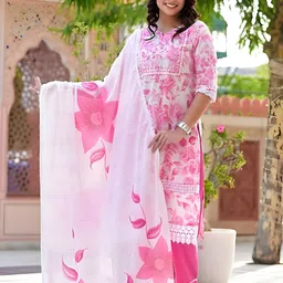 Parth Fab Floral Printed V-Neck Thread Work Kurta with Trousers & Dupatta-17