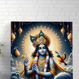 Livin'luxe Grey & Gold-Toned Lord Krishna Canvas Religious Wall Painting-image-83