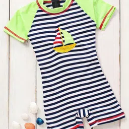 ROVARS Half Sleeves Legged Striped with Patch Swimsuit - Green-picture-47