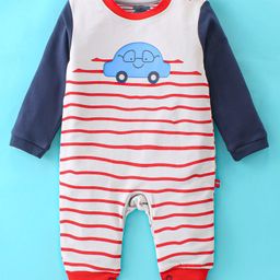 Mini Taurus Full Sleeves Romper Stripes & Car Print - Blue & White-image-46