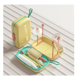 StarAndDaisy 'We Care' Baby Bottle brush Cleaner Set with Removable drying stand Tray  Baby Bottles Drying Rack with Storage Box, soap dispenser, baby travel essential bottle brush set  Yellow-image-83