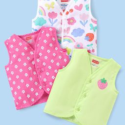 Babyhug 100% Cotton Knit Sleeveless Front Open Jhablas Floral Print Pack of 3 - Multicolour-image-36