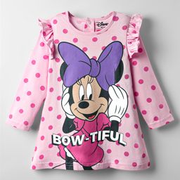Babyhug Disney Cotton Knit Frill Sleeves Nighty With Minnie Mouse Graphics -Pink-image-3