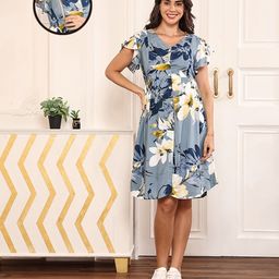 MomToBe Frill Sleeves Sleeves Floral Printed Maternity Dress With Concealed Zipper Nursing Access - Grey-image-58