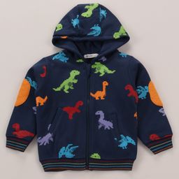 Babyoye 100% Cotton Fleece Knit Full Sleeves Front Open Hooded Sweatjacket with Dino Print - Navy Blue-picture-22