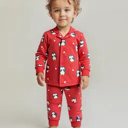 Babyoye Single Jersey Knit Full Sleeves Night Suit With Penguin Print - Red-picture-16