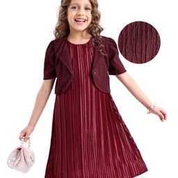 Hola Bonita Knit Half Sleeves Metallic Fabric Shimmer Front Open Shrugwith Inner Solid Textured Dress- Maroon-12