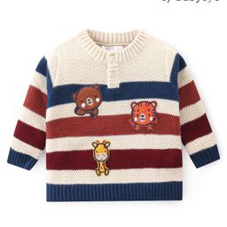 Babyoye Knit Full Sleeves Henlay Striped Sweater with Animals Patch - White Navy & Maroon-picture-36