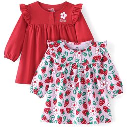 Doodle Poodle Single Jersey Knit Full Sleeves Frill Detailed Frock With Strawberries & Floral Print Pack Of 2 - Red & Light Pink-image-5
