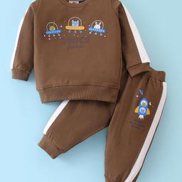 Zero Cotton Knit Full Sleeves Winter Wear Suit With Space Theme Print - Brown-image-44