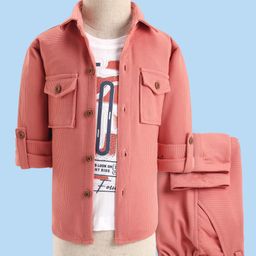 Rikidoos Full Sleeves Solid Pocket Detailed Shirt With Typography Printed Tee & Pant Set - Peach & White-image-44