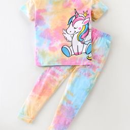 Unicorns Cotton Half Sleeves Unicorn Printed Tie Dye Coordinating Tee & Pajama Set - Multi Colour-image-108