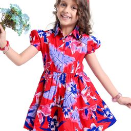 Ollington St. Poplin Woven Puffed Sleeves Frock with Floral Print - Red Blue-image-32