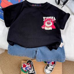 Googo Gaaga Cotton Half Sleeves Teddy Printed Tee & Shorts Set - Black-image-49