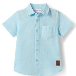 Kookie Kids Cotton Linen Woven Half Sleeves Slim Fit Solid Shirt with Badge - Light Blue-image-27
