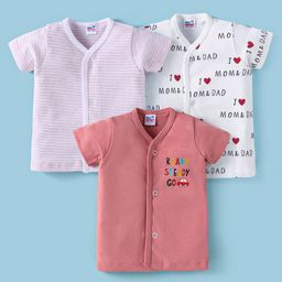 Ben Benny 100% Cotton Knit Half Sleeves Jhablas with Stripes & Text Print Pack of 3 - Pink & White-image-54