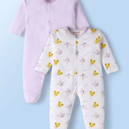 Kookie Kids Interlock Knit Full Sleeves Striped & Teddy Bear Printed Footed Sleep Suits Pack of 2 - White & Lavender-image-88