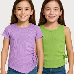 arias by lara dutta Arias Rib Knit Half Sleeves Solid Color Tops Pack of 2 - Lavender & Green-picture-30