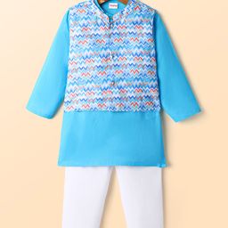 Babyhug Woven Solid Full Sleeves Kurta Pyjama Set with Printed Jacket - Blue-image-93