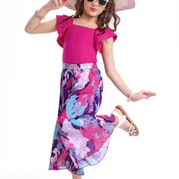 Ollington St. Knit Sleeveless Top & Pleated Georgette Cullotes Co-ord Set with Tropical Print - Pink & Fuchsia-image-30