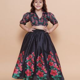 Bitiya By Bhama Silk Woven Half Puffed Sleeves Floral Printed Lehenga Choli Set - Black-image-44