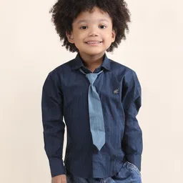 Polka Tots Cotton Woven Full Sleeves Textured Shirt With Tie - Navy Blue-picture-34