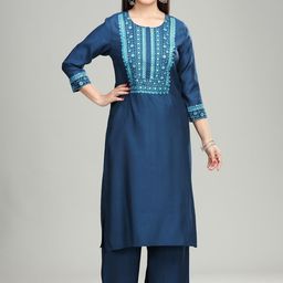 COTTON CULTURE Floral Embroidered Pure Silk Straight Kurta With Palazzos-image-57