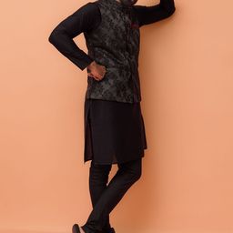 KISAH Mandarin Collar Straight Kurta with Churidar & Woven Design Nehru jacket-58