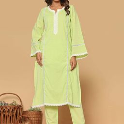 KASYA Women Embroidered Regular Thread Work Pure Cotton Kurta with Trousers-56