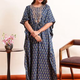 9shines Label Women Embroidered Printed Pure Cotton Maxi Kaftan Nightdress-image-66
