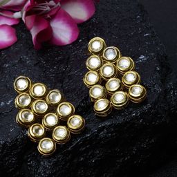 DUGRISTYLE Gold-Plated Kundan Studded Circular Shaped Drop Earrings-24