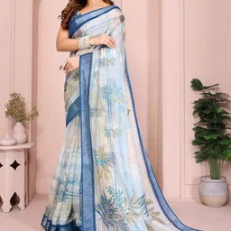 JYA Women Aqua blue Floral Printed Tissue Silk Saree With Blouse Piece-image-98