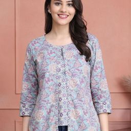 Claura Women Floral Print Round Neck Slits Cotton Top-image-23