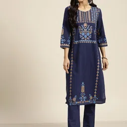 Sangria Women Navy Blue Ethnic Motifs Kurta with Palazzos-picture-10