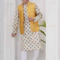 Sethukrishna Men Mandarin Collar Printed Regular Kurta & Churidar Pyjama With Nehru Jacket-picture-6