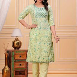 UNISETS Women Embroidered Empire Mirror Work Chanderi Silk Kurta with Trousers-image-8