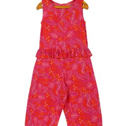 Plum Tree Sleeveless Leaf Printed Ruffled Jumpsuit - Red-image-14