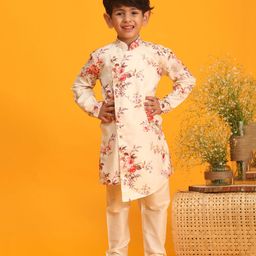 Vastramay Full Sleeves Floral Printed Cross Cut Kurta & Pajama - Cream-image-57