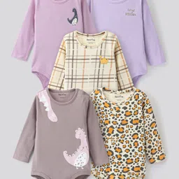 Bonfino 100% Cotton Full Sleeves Dino Printed & Checks Onesies Pack of 5 - Multicolour-picture-41