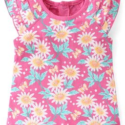 Babyhug 100% Cotton Knit Cap Sleeves Top with Floral Print & Frill Detailing - Pink-image-51