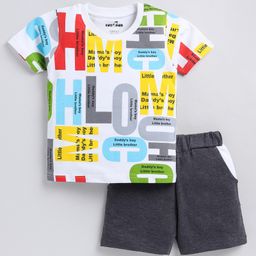 CUTOPIES Cotton Half Sleeves Alphabet Printed Tee & Shorts Set - Off White-image-19