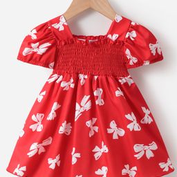 Kookie Kids Half Sleeves Frock Bow Print - Red-image-75