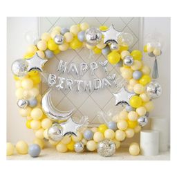 Bubble Trouble 74Pc Birthday Decoration Kit Yellow Grey Silver Balloons Birthday Foil Moon Stars with Arch & Glue Dot & Balloon Hand Pump Birthday Decoration Items | Birthday Decoration Combo-image-18